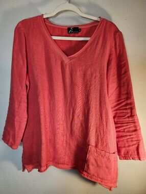 Fenini Relaxed Orange Linen V-Neck Long Sleeve Top with Pocket